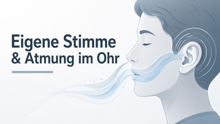 Person mit hervorgehobenem Ohr, Schallwellen und Hinweis auf Stimme und Atmung im Ohr