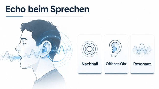 Sprechende Person mit zurücklaufenden Schallwellen am markierten Ohr und Karten Nachhall, Offenes Ohr, Resonanz