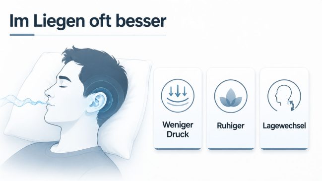 Liegende Person auf einem Kissen mit ruhigeren Wellen am Ohr und Karten Weniger Druck, Ruhiger, Lagewechsel