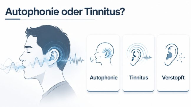 Kopfprofil mit markiertem Ohr und Karten Autophonie, Tinnitus, Verstopft