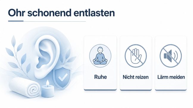 Ohrsymbol mit Schutzzeichen, ruhigen Pflegeelementen und Karten Ruhe, Nicht reizen, Lärm meiden