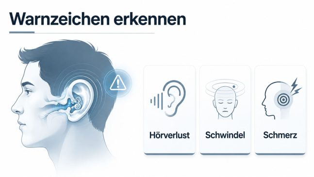 Kopf mit markiertem Ohr, Warnsymbol und Karten Hörverlust, Schwindel, Schmerz