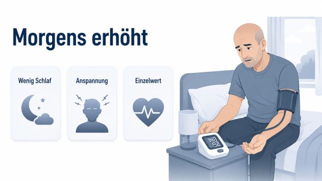 Illustration eines müden Mannes mit Blutdruckmanschette am Bett neben Karten zu wenig Schlaf, Anspannung und Einzelwert