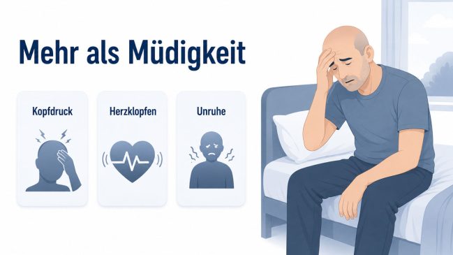 Illustration eines erschöpften Mannes auf der Bettkante neben Karten zu Kopfdruck, Herzklopfen und Unruhe