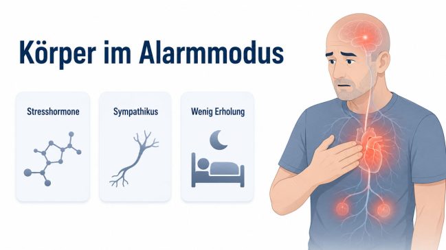 Illustration eines Mannes mit hervorgehobener Stressreaktion von Gehirn, Nerven und Herz neben drei Karten