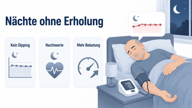 Illustration eines schlafenden Mannes mit Blutdruckmanschette, Nachtfenster und Karten zu Dipping, Nachtwerten und Belastung
