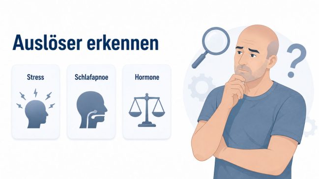 Illustration eines nachdenklichen Mannes mit Lupe und Fragezeichen neben Karten zu Stress, Schlafapnoe und Hormonen