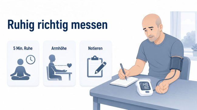 Illustration eines Mannes beim Blutdruckmessen am Tisch mit Notizbuch und Karten zu Ruhe, Armhöhe und Notieren