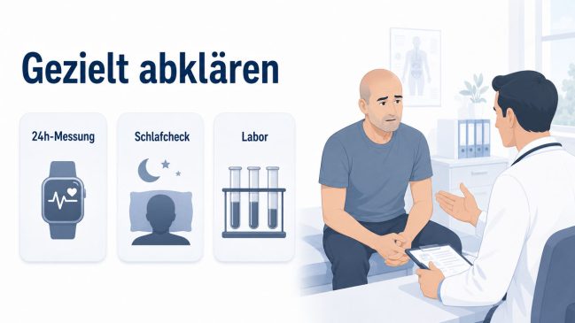 Illustration eines Arztgesprächs mit Karten zu 24h-Messung, Schlafcheck und Labor