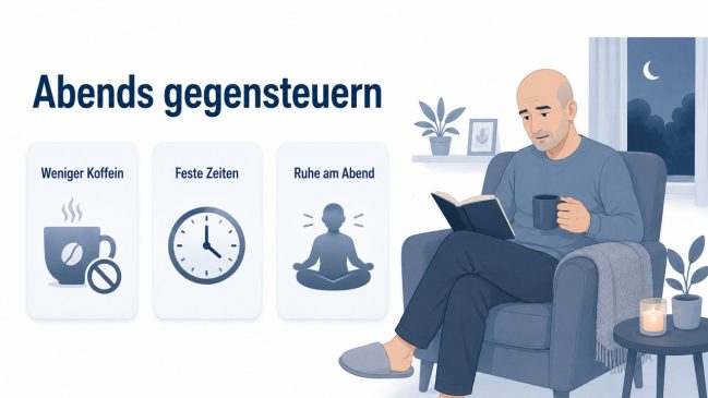 Illustration eines Mannes beim ruhigen Abendritual mit Buch und Tasse neben Karten zu Koffein, festen Zeiten und Abendruhe
