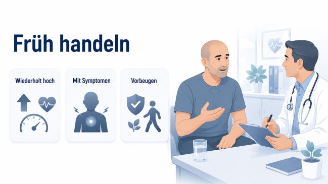 Illustration eines Arztgesprächs mit Karten zu wiederholt hohen Werten, Symptomen und Vorbeugung